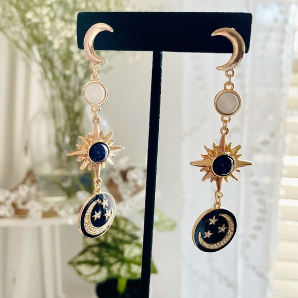 Boho Moon And Stars Drop Earrings Blue - Picture 1 of 5